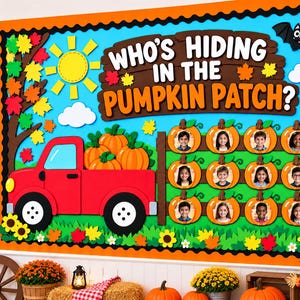 May include: A classroom bulletin board display featuring a red truck, a yellow sun, autumn leaves, and a sign that reads WHO'S HIDING IN THE PUMPKIN PATCH? with twelve pumpkin-shaped photo frames containing individual portraits of children.