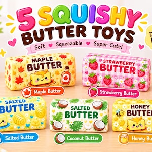 Puede incluir: Cinco juguetes de mantequilla squishy rectangulares con caras de dibujos animados y temas de sabores: mantequilla de arce con hojas, de fresa con frutas, salada con flores, de coco con trozos de coco y de miel con abejas.