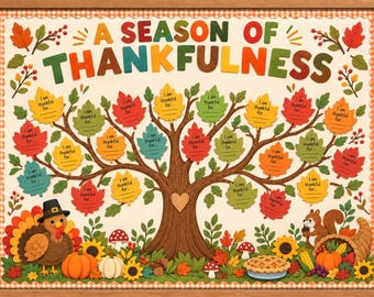 Può includere: Un quadro decorativo incorniciato con il titolo A SEASON OF THANKFULNESS che raffigura un albero centrale con foglie autunnali colorate. Ogni foglia riporta il testo I am thankful for. La scena include un tacchino, uno scoiattolo e zucche.
