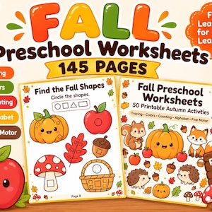 Puede incluir: Una colección digital de 145 hojas de trabajo preescolares con temática de otoño que incluyen calco, colores, conteo, alfabeto y motricidad fina. Las páginas muestran ilustraciones coloridas de calabazas, ardillas, zorros y manzanas.