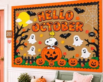 Fall Halloween Pumpkin Ghost Bat Bulletin Board Kit, Hello October Bulletin Board Letters, Classroom Printable Decor Preschool Kindergarten