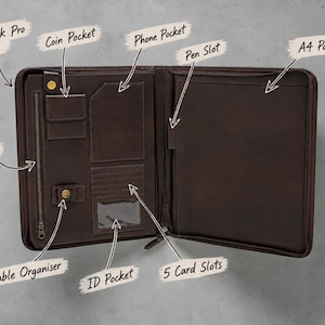 Portafolio organizador de cuero con cremallera, bolsa organizadora para portátil, carpeta para documentos A4, folio con cremallera, organizador de portafolio para negocios y viajes.