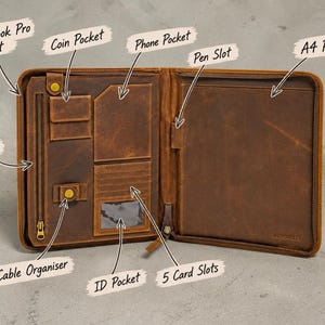 Personlig läderportfölj för män, Anpassad läderportfölj för män, Portfölj med dragkedja, Anteckningsblockshållare i A4-format, iPad-fodral, Present till företagsfest