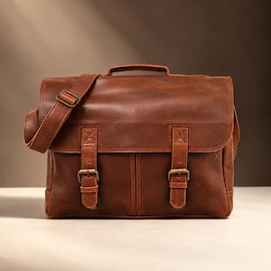 May include: A brown leather satchel featuring a top handle, an adjustable shoulder strap, and a front flap secured by two vertical leather straps with antique brass-toned metal buckles. The bag has a smooth finish with visible natural grain details.