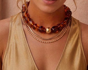 Collier perles cube acrylique marron beige rose bleu vert bijou chic femme acier inoxydable hypoallergénique bijou solaire