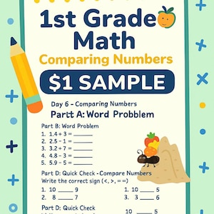 May include: A colorful 1st Grade Math worksheet with the title "Comparing Numbers" and the text "$1 SAMPLE". Includes math problems and a section to compare numbers using symbols. A yellow pencil graphic is on the left.