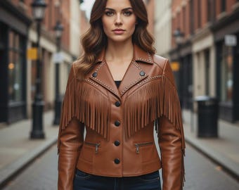 Brown Fringe Leather Jacket for Women | Studded Western Cowgirl Jacket | Handmade Genuine Cowhide Vintage Outerwear