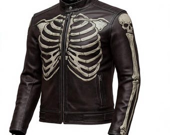 Men's Real Cow Leather Brown Distressed Skull Biker Motorcycle