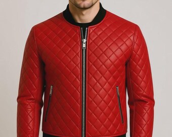 Quilted Antique Leather Bomber Jacket | Diamond Quilted Sheepskin Bomber – Red, Navy & Ivory