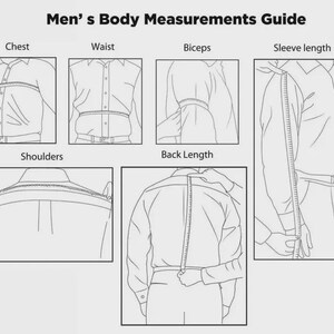 May include: A black and white diagram titled "Men's Body Measurements Guide." The guide illustrates how to measure chest, waist, biceps, sleeve length, shoulders, and back length. Each measurement is shown with a person wearing a button-down shirt.