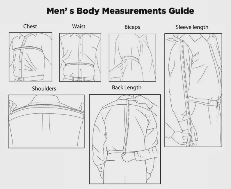 May include: A black and white diagram titled "Men's Body Measurements Guide." The guide illustrates how to measure chest, waist, biceps, sleeve length, shoulders, and back length. Each measurement is shown with a person wearing a button-down shirt.