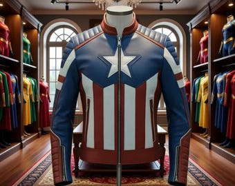 Mens Captain America Cowhide Leather Motorcycle Jacket, Handmade Cosplay Biker Suit