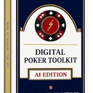 May include: A white box with a navy blue and gold design. The box reads "POKER TRACKER" and "DIGITAL POKER TOOLKIT AI EDITION." A red poker chip graphic is in the center. The text "MADE BY MAIMONT FINE ART" is on the side.