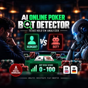 Pode incluir: Um gráfico digital intitulado AI ONLINE POKER BOT DETECTOR TEXAS HOLD'EM ANALYZER apresentando um humano e um robô em uma mesa de pôquer com cartas e fichas. Inclui um medidor BOT RISK SCORE 0-100, ícones e texto.