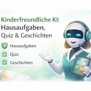 May include: An illustration featuring a robot-like figure wearing a headset and teal jacket, holding a tablet. The text reads "Kinderfreundliche KI: Hausaufgaben, Quiz & Geschichten" with checkmarks next to "Hausaufgaben", "Quiz", and "Geschichten".