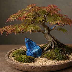 Peut inclure: Un bonsaï aux feuilles délicates et dentelées passant du vert aux teintes rouge orangé. L'arbre présente un tronc noueux et texturé, planté dans un pot en céramique brun, rond et peu profond, avec de la mousse verte et une pierre bleue.