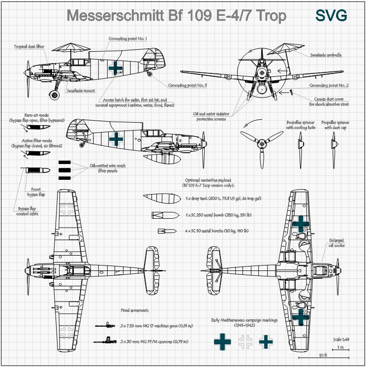Messerschmitt Bf 109 E-4(7) Trop Blueprint SVG Ai Cdr Dxf Lbrn