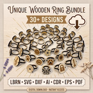 Può includere: Una collezione digitale di oltre 30 design di anelli in legno con varie icone come faccine sorridenti, impronte di zampe, corone e note musicali. Il testo recita Unique Wooden Ring Bundle, 30+ Designs, e LBRN, SVG, DXF, AI, CDR, EPS, PDF.