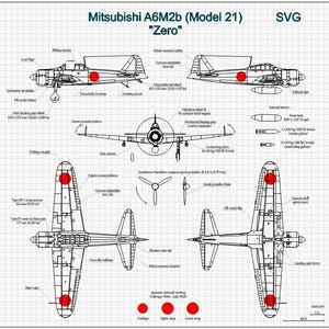 Mitsubishi A6M2b Zero Blueprint SVG Ai Cdr Dxf Lbrn, WWII Japanese Fighter Vector Drawing, 5-views, Art Decor, Aviation-themed Design, 1:48