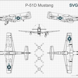 May include: A technical line drawing of a P-51D Mustang aircraft on a grid background. The image displays side, front, and top views of the plane, along with three propeller configurations. The text P-51D Mustang and SVG are visible.