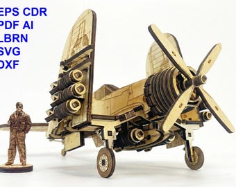 May include: A laser-cut wooden model of a propeller airplane with a four-blade propeller, landing gear, and wing-mounted cylinders, accompanied by a standing pilot figure. The text EPS, CDR, PDF, AI, LBRN, SVG, and DXF is visible in blue.