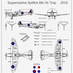 Spitfire Mk Vb Trop, 5-view vector drawing SVG Ai Cdr Dxf Lbrn, WWII aircraft blueprint, Spitfire digital file PNG, Aviation-themed design