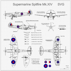 Puede incluir: Plano esquemático de un avión Supermarine Spitfire Mk.XIV, con múltiples vistas y diagramas detallados. Incluye configuraciones de alas, especificaciones de tanques de combustible y marcas de la RAF. El diseño está en líneas negras sobre un fondo de cuadrícula.
