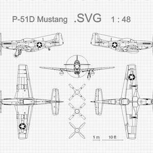 P-51D Mustang, disegno a 5 viste. Vettore SVG Ai Cdr Dxf Lbrn. Progetto di un aereo della Seconda Guerra Mondiale. File di partenza per decorazioni artistiche, design a tema aeronautico, 1:48.