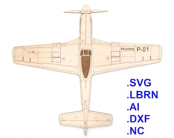 P-51D Mustang, laser cut files, plywood airplane figure 1:48, WW2 airplane, kids room art decor, interior design, LBRN/SVG/NC, cnc ready