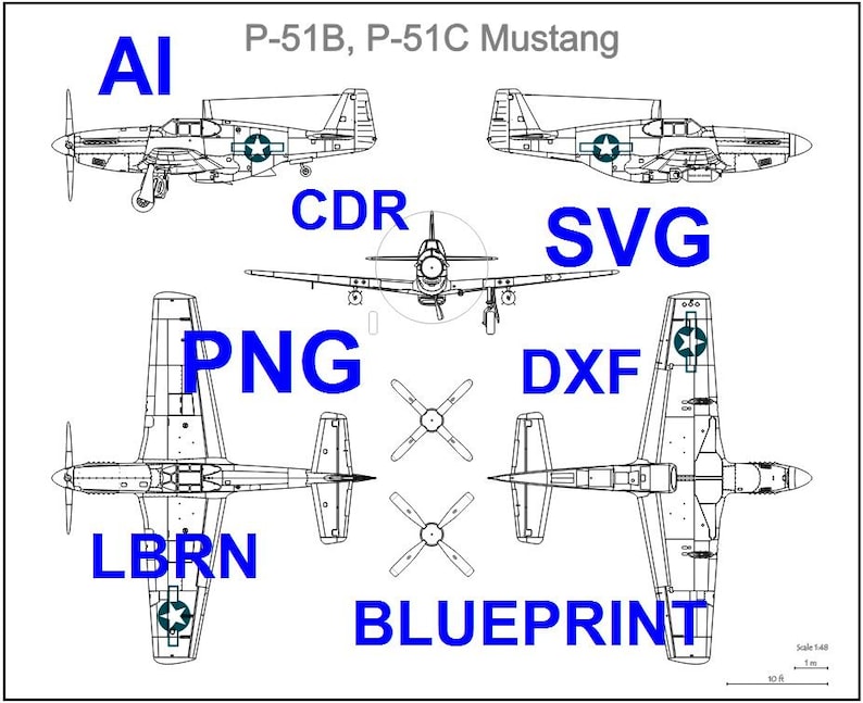 Front Loader Vector Graphics P-51B, P-51C Mustang 5 Views - Vector Drawing - Svg Ai Cdr Dxf Lbrn ...