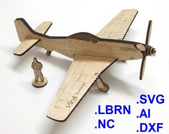 P-51D Mustang, simple build level, laser-cut plywood 1:48 scale model airplane files, WW2 plane, kids room art decor, LBRN/SVG/NC, cnc ready