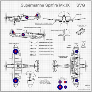 Spitfire Mk IX, dessin vectoriel 5 vues SVG Ai Cdr Dxf Lbrn, plan d'avion de la Seconde Guerre mondiale, fichier numérique Spitfire, conception sur le thème de l'aviation militaire