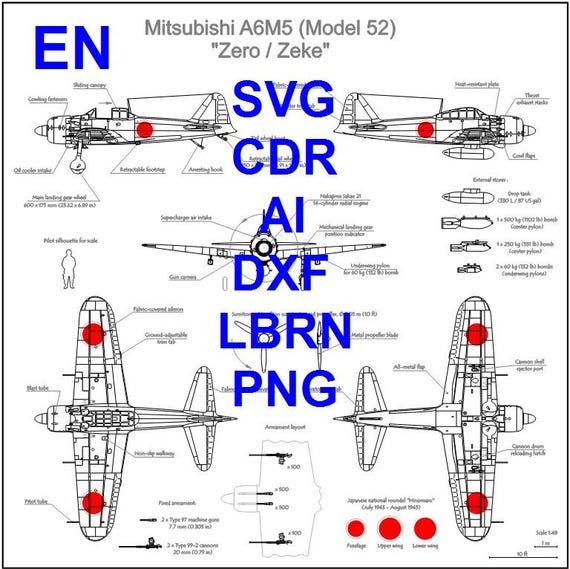 Mitsubishi A6M5 Zero Blueprint SVG Ai Cdr Dxf Png, 5-view WW2