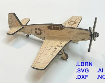 P-51B Mustang, simple build level, laser-cut plywood 1:48 scale model airplane kit, WW2 plane, kids room art decor, LBRN/SVG/NC, cnc ready