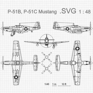 P-51B, P-51C Mustang, disegno a 5 viste. Vettore SVG Ai Dxf Lbrn. Progetto di un aereo della Seconda Guerra Mondiale. File di partenza per decorazioni artistiche, design a tema aeronautico.