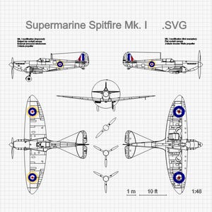 Spitfire Mk I, 5-view drawing. Vector SVG Ai Cdr Dxf Lbrn. WWII aircraft blueprint. Starter file for art decor, aviation-themed design, 1:48