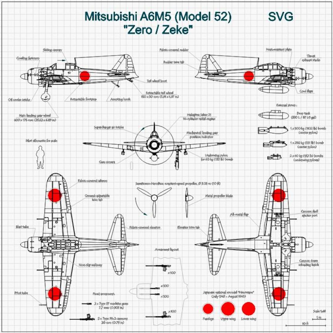 Mitsubishi A6M5 Zero Blueprint SVG Ai Cdr Dxf Png, 5-view WW2