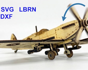 スピットファイアMk IXレーザーカットファイル、LBRN Svg Dxf Ai。木製飛行機3Dパズルモデル。巻き上げ式プロペラ。DIY合板製第二次世界大戦航空機。1:48スケール