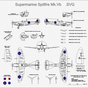 Spitfire Mk Vb, 5-view vector drawing SVG Ai Cdr Dxf Lbrn, WWII aircraft blueprint, starter file for art decor, aviation-themed design, 1:48