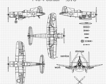 May include: A black and white technical drawing of an F4U-4 Corsair airplane on a grid background. The image displays multiple views including side, top, and front profiles, along with various external ordnance, a propeller, and a 1:48 scale bar.