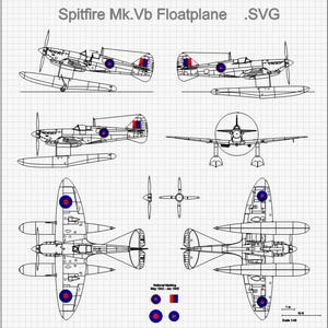 Spitfire Mk V Floatplane, 5-view vector drawing SVG Ai Cdr Dxf Lbrn, WWII aircraft blueprint, Spitfire seaplane file, aviation-themed design