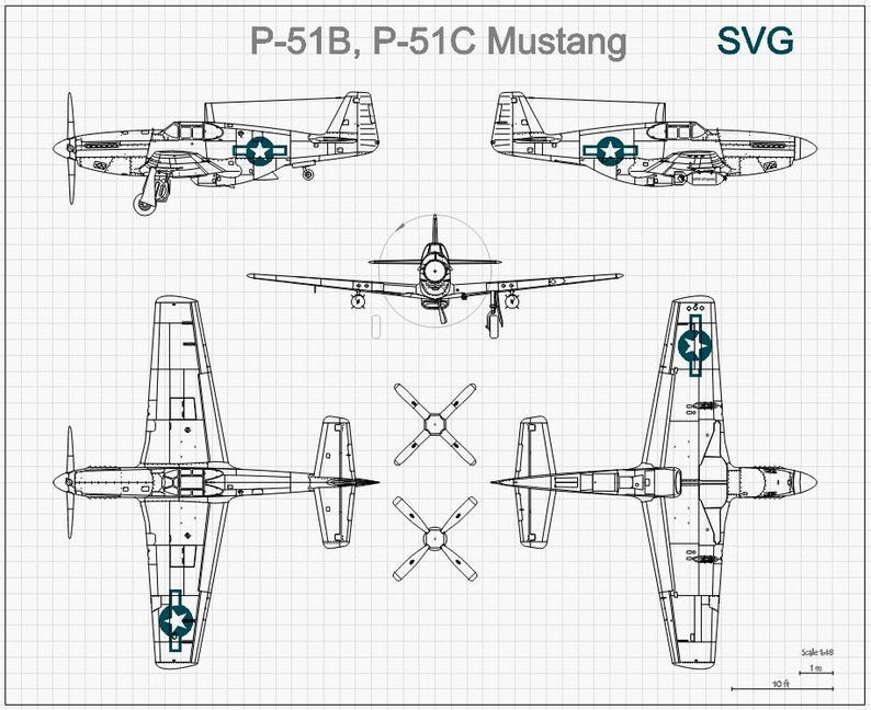 Front Loader Vector Graphics P-51B, P-51C Mustang 5 Views - Vector Drawing - Svg Ai Cdr Dxf Lbrn ...