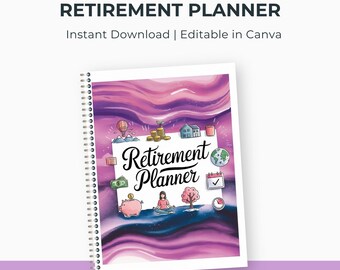 May include: A spiral-bound "Retirement Planner" notebook with a watercolor-style cover. The cover features the title in elegant script, surrounded by illustrations of financial planning elements, set against a purple and pink background.