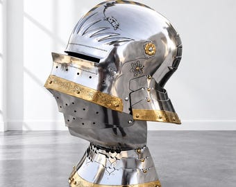 German Gothic Sallet Helmet with Bevor | Steel Knight Armor (LARP, Reenactment)