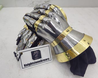 Handcrafted Medieval Steel Gauntlets with Brass Accents Articulated Knight Armor Gloves | HEMA, LARP, Reenactment