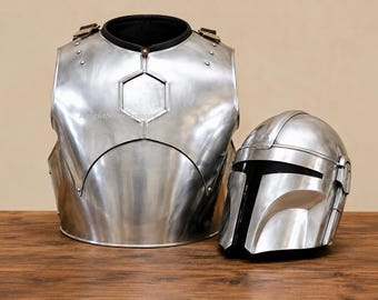 Sci-Fi Bounty Hunter Helmet Steel Chest Armor Set Metal Cosplay Armor | Wearable Costume for LARP, Comic Halloween