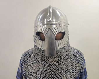 Viking Spectacle Helmet with Sunburst Visor - Handcrafted Steel Gjermundbu Helm & Chainmail Aventail