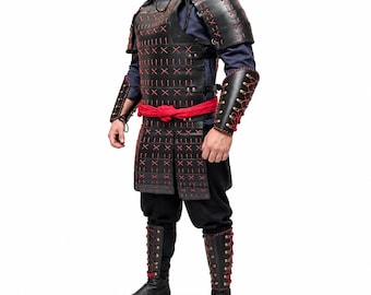 Leather Samurai Armor Set, Japanese Warrior Costume, Black Medieval Armor, LARP Armor, Cosplay Costume, Red Laced Battle Armor
