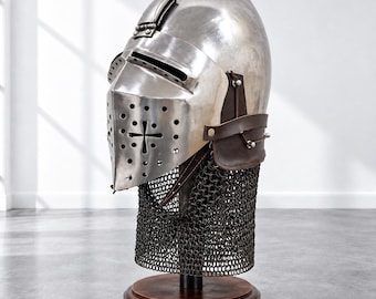 Medieval Bascinet Klappvisor Cross Sitten Chainmail Aventail, Steel Knight Helmet, LARP Costume, Medieval Reenactment