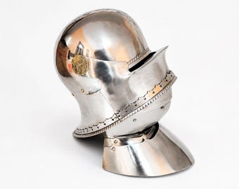 Medieval Gothic Close Helmet with Gorget | Handmade Steel Knight Armor Helmet | LARP, Reenactment, Costume
